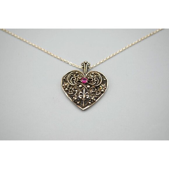 Sterling Silver Heart Pendant w Ruby Stone FM 83 Franklin Mint Filigree 925 - Picture 1 of 11